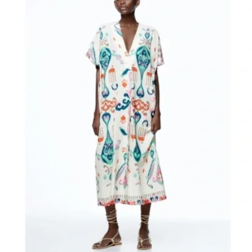 Zara Cream Dress with Blue and Orange Print